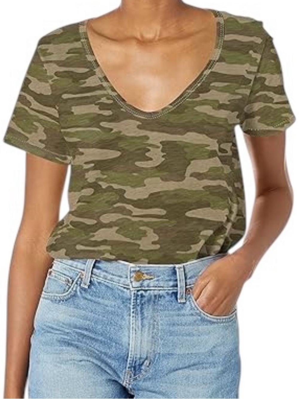 Lucky Brand Green Camo Classic V Neck Cotton Tee Shirt Size L NWT